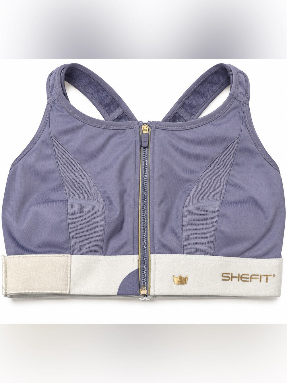 SheFit Ultimate Sports Bra Purple Gray White Zip Front High Impact Adjustable